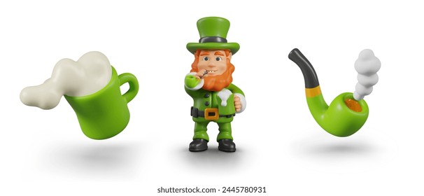Leprechaun smokes and drinks beer, realistic drinking mug, pipe with smoke