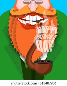 Leprechaun smokes pipe. Happy Patricks Day. Smoking set brier and Smoke, embers. Red beard. Open your mouth and teeth. National Holiday in Ireland
