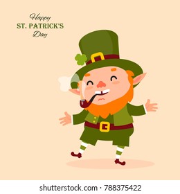 Leprechaun smokes a pipe, laughs and dances. St.Patrick 's Day. raditional national character of Irish folklore. Isolated element of the set of leprechauns 15. Festive collection. Vector illustration