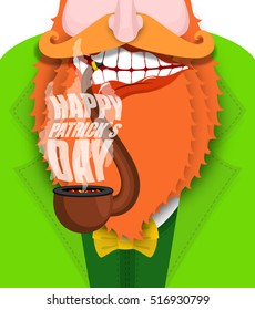 Leprechaun smokes pipe. Patricks Day. Smoking set brier and Smoke, embers. Red beard. Open your mouth and teeth. National Holiday in Ireland
