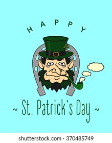 leprechaun smoking a pipe, and congratulations on St. Patrick's Day. Vector card.