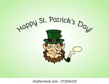 leprechaun smoking a pipe, and congratulations on St. Patrick's Day. Vector card.