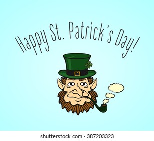 leprechaun smoking a pipe, and congratulations on St. Patrick's Day. Vector illustration