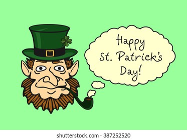 leprechaun smoking a pipe, and congratulations on St. Patrick's Day. Vector card.