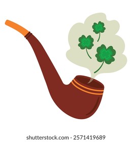 Leprechaun smoking pipe, a festive attribute of St. Patrick's Day, wisps of enchanted smoke with clover, weaving stories of hidden treasures and magic. Vector illustration, icon