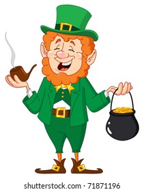 Leprechaun with smoking pipe and gold coin pot