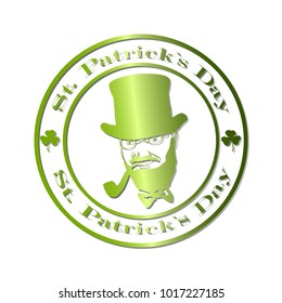 Leprechaun with smoking pipe Saint Patrick's Day badge or emblem. Decorative festive design element.