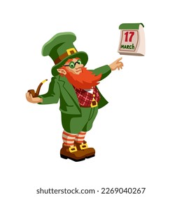 A leprechaun with a smoking pipe. The symbol of the St. Patrick's Day holiday. Color vector illustration isolated on a white background in a cartoon style.