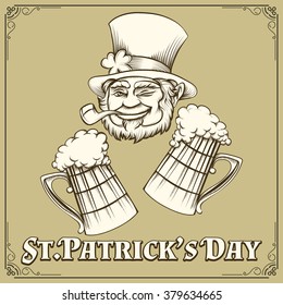 Leprechaun with smoking pipe and two mugs of beer. Saint Patrick's Day emblem. Free font used. Isolated on white.
