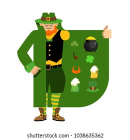 Leprechaun Smuggler selling Shamrock and holiday attributes. Cloak-seller holiday attributes. Dealer in hat and coat . Bootlegger. Seller prohibited goods of black marke. St Patricks Day. 