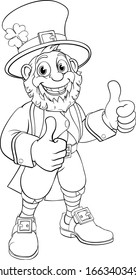 A leprechaun St. Patrick’s day cartoon character in black and white outline like a colouring book page