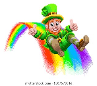 A leprechaun St Patrick s day cartoon character sliding down a rainbow in a retro 8 bit arcade video game pixel art style.