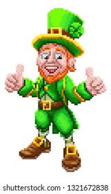 A leprechaun St Patrick s day cartoon character in a retro 8 bit arcade video game pixel art style.