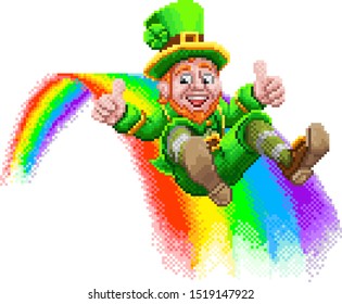 A leprechaun St Patricks day cartoon character sliding down a rainbow in a retro 8 bit arcade video game pixel art style.