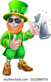 A Leprechaun St Patricks Day cartoon character mascot wearing cool sunglasses holding a drink and giving a thumbs up