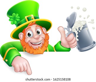 A Leprechaun St Patricks Day cartoon character holding a drink peeking over a sign and pointing at it.