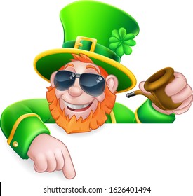 A Leprechaun St Patricks Day cartoon character wearing cool sunglasses. Holding a pipe peeking over a sign and pointing at it