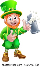 A Leprechaun St Patricks Day cartoon character mascot holding a drink and giving a thumbs up