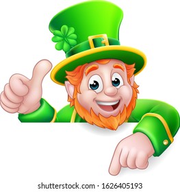 A Leprechaun St Patricks Day cartoon character giving a thumbs up, peeking over a sign and pointing at it