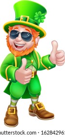 A Leprechaun St Patricks Day cartoon character mascot wearing cool sunglasses and giving a thumbs up
