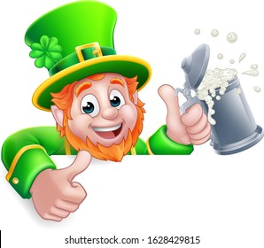 A Leprechaun St Patricks Day cartoon character holding a drink peeking over a sign and giving a thumbs up