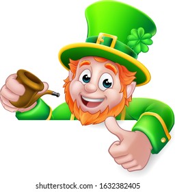 A Leprechaun St Patricks Day cartoon character holding a pipe peeking over a sign and giving a thumbs up