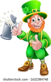 A Leprechaun St Patricks Day cartoon character mascot holding a drink and giving a thumbs up