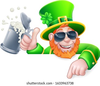 A Leprechaun St Patricks Day cartoon character wearing cool sunglasses. Holding a drink peeking over a sign and pointing at it