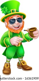 A Leprechaun St Patricks Day cartoon character mascot wearing cool sunglasses, holding a pipe and pointing 