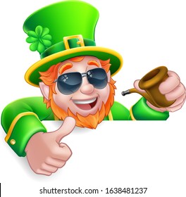 A Leprechaun St Patricks Day cartoon character wearing cool sunglasses. Holding a pipe peeking over a sign and giving a thumbs up