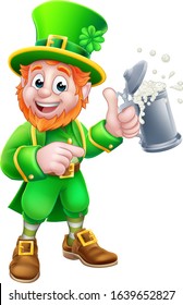 A Leprechaun St Patricks Day cartoon character mascot holding a drink and pointing