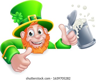 A Leprechaun St Patricks Day cartoon character holding a drink peeking over a sign and giving a thumbs up