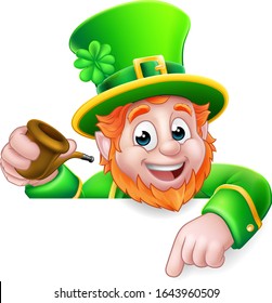 A Leprechaun St Patricks Day cartoon character holding a pipe peeking over a sign and pointing at it.