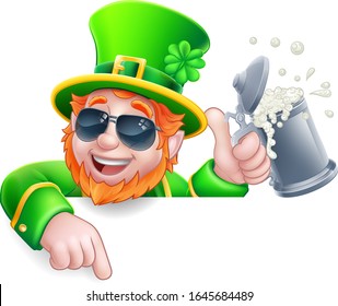 A Leprechaun St Patricks Day cartoon character wearing cool sunglasses. Holding a drink peeking over a sign and pointing at it