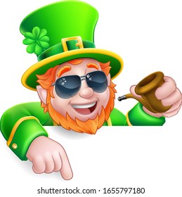 A Leprechaun St Patricks Day cartoon character wearing cool sunglasses. Holding a pipe peeking over a sign and pointing at it