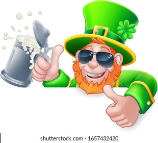 A Leprechaun St Patricks Day cartoon character wearing cool sunglasses. Holding a drink peeking over a sign and giving a thumbs up