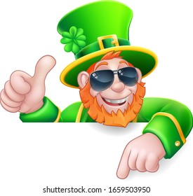 A Leprechaun St Patricks Day cartoon character wearing cool sunglasses. Giving a thumbs up, peeking over a sign and pointing at it