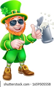 A Leprechaun St Patricks Day cartoon character mascot wearing cool sunglasses holding a drink and pointing