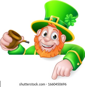 A Leprechaun St Patricks Day cartoon character holding a pipe peeking over a sign and pointing at it.
