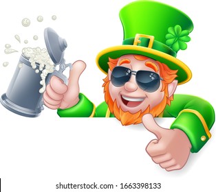 A Leprechaun St Patricks Day cartoon character wearing cool sunglasses. Holding a drink peeking over a sign and giving a thumbs up