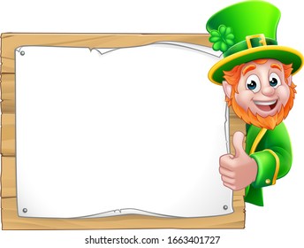 Leprechaun St Patricks Day cartoon character peeking around a sign background and giving a thumbs up