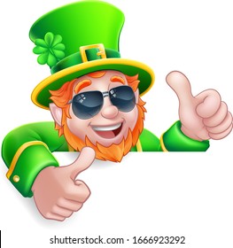 A Leprechaun St Patricks Day cartoon character wearing cool sunglasses. Giving a thumbs up and peeking over a sign. 