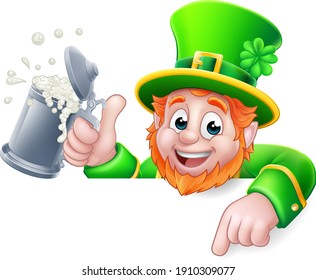 A Leprechaun St Patricks Day cartoon character holding a drink peeking over a sign and pointing at it.