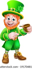 A Leprechaun St Patricks Day cartoon character mascot holding a pipe and pointing 