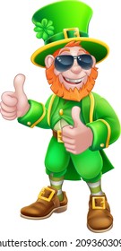 A Leprechaun St Patricks Day cartoon character mascot wearing cool sunglasses and giving a thumbs up
