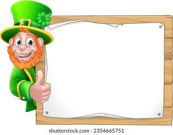 Leprechaun St Patricks Day cartoon character peeking around a sign background and giving a thumbs up