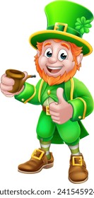 Una mascota de caricatura del Día de los Simpatizantes de Leprechaun sostiene una pipa y da un pulgar hacia arriba