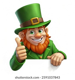 Leprechaun St Patricks Day Cartoon Pointing Sign. A Leprechaun St Patricks Day cartoon character giving a thumbs up, peeking over a sign and pointing at it Realistic illustration on a white background