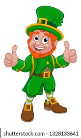 A Leprechaun St Patricks Day Irish cartoon character pointing and doing a double thumbs up