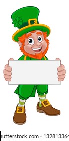 A Leprechaun St Patricks Day Irish cartoon character peeking holding a banner or sign 